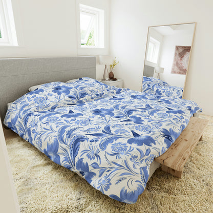 Blue Floral paisley Pattern Duvet Cover lying on a bed, microfiber duvet cover bedroom accent