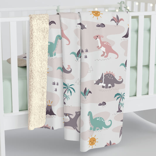 pink dinosaur sherpa blanket, multicolor dinosaur pattern baby blanket with fleece lining