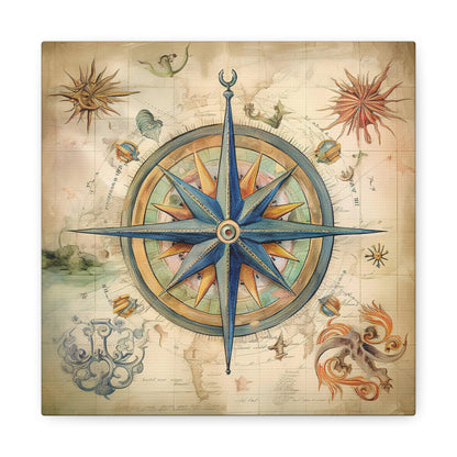 Old Sea Map Compass Canvas Art - Vintage Compass Canvas Print
