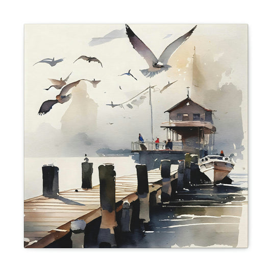 sailboat on the ocean seagulls flying over the water canvas art print, seagull artwork canvas hanging on a wall, sailboat canvas in a nautical theme room