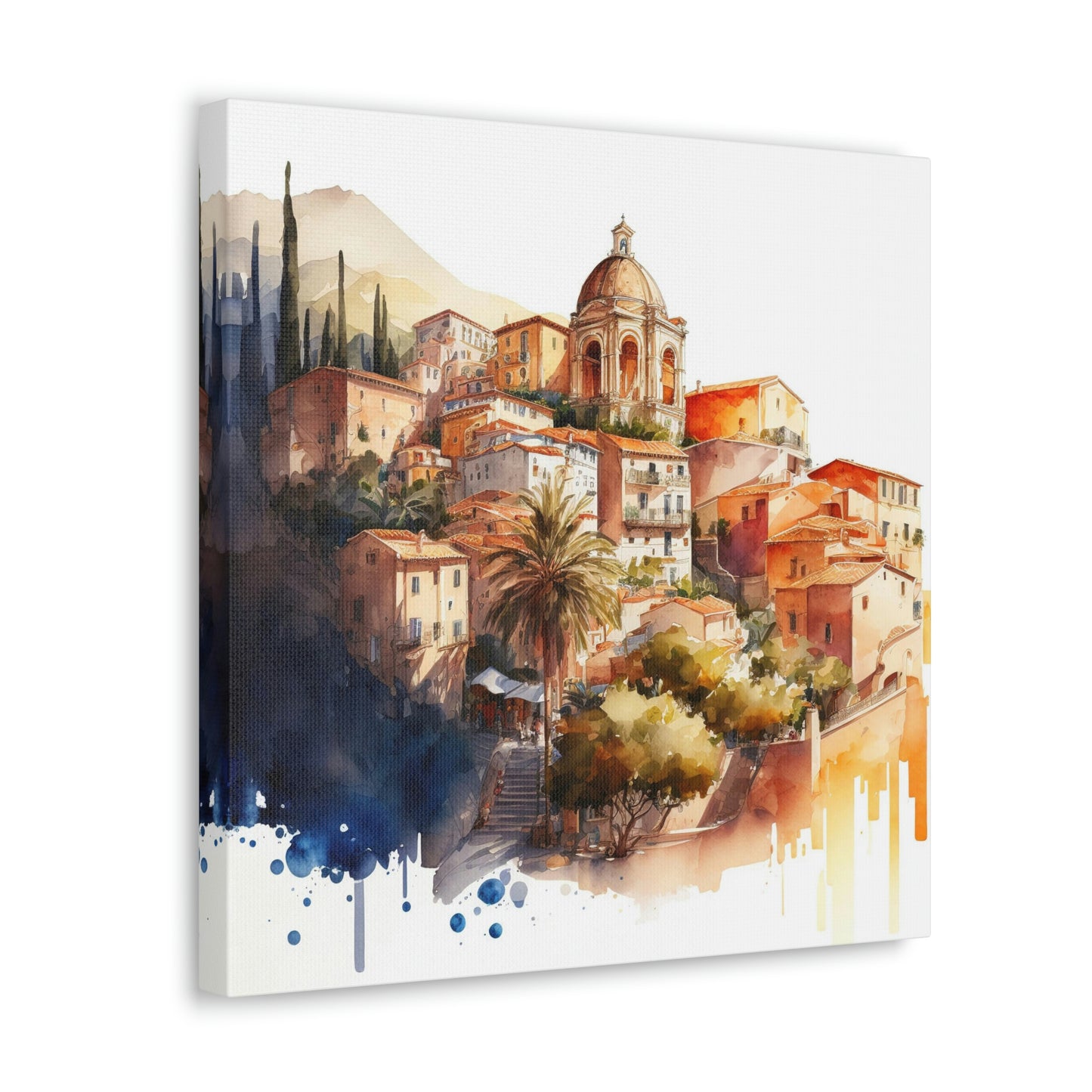 Mediterranean canvas wall art print in a european theme room, coastal theme canvas with mediterranean cityscape hanging on a wall, watercolor mediterranean painting on a canvas in a studio, watercolor Greece city on cavas, painting of Croatia on cavas, hand drawn Turkish city on canvas, Istanbul illustration on canvas 