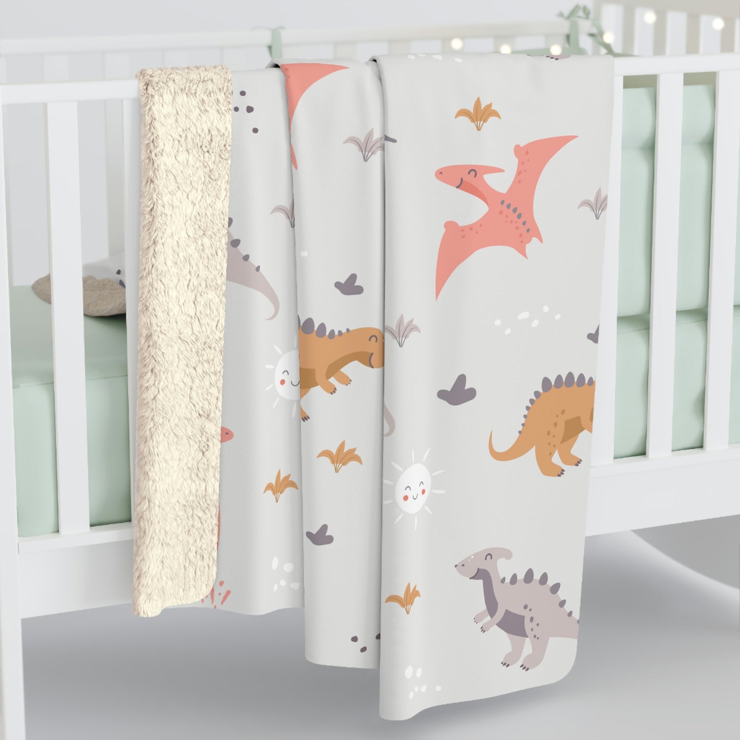 dinosaur sherpa blanket for kids room or nursery, dinosaur baby nursery sherpa blanket 