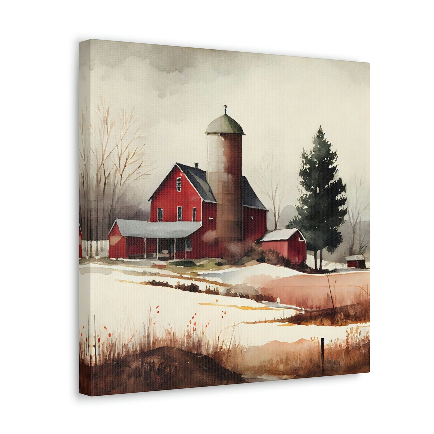 rustic red barn with silo on a canvas, red barn farmhouse canvas hanging on a wall, farmhouse canvas with a red barn
