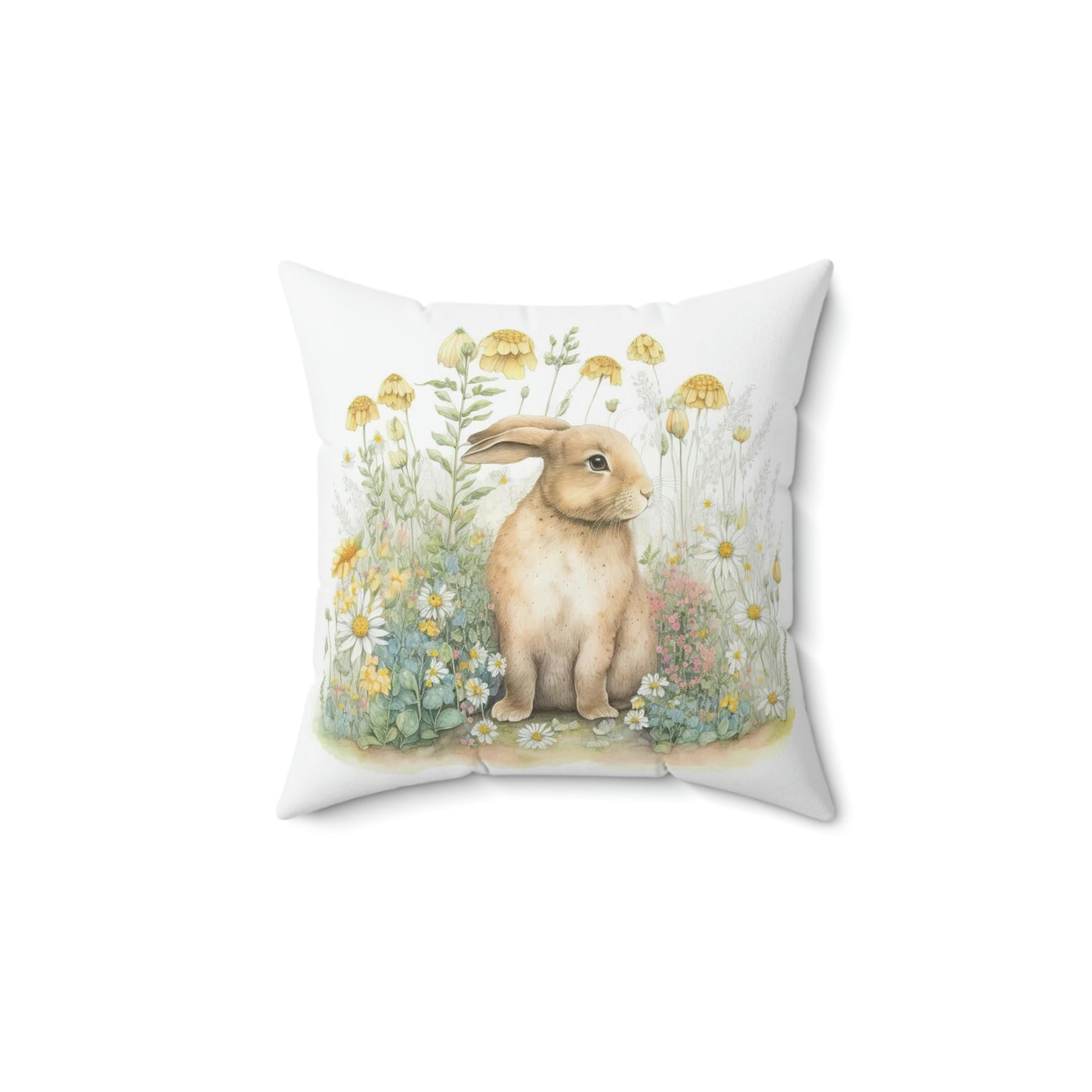 bunny accent throw pillow sitting on a grey living room couch, decorate your room for spring with this floral bunny pattern throw pillow, square pillow with a bunny pattern
