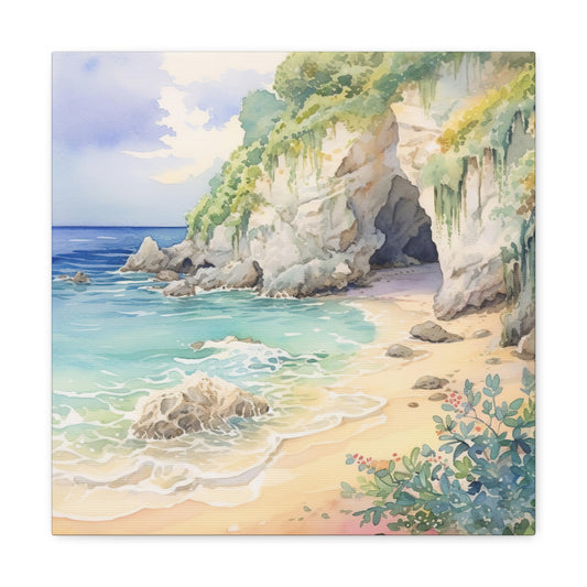 tropical beach canvas decor, island beach watercolor canvas art