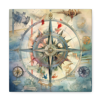 Ornate Compass Canvas Art - Vintage Blue Compass Canvas Wall Decor