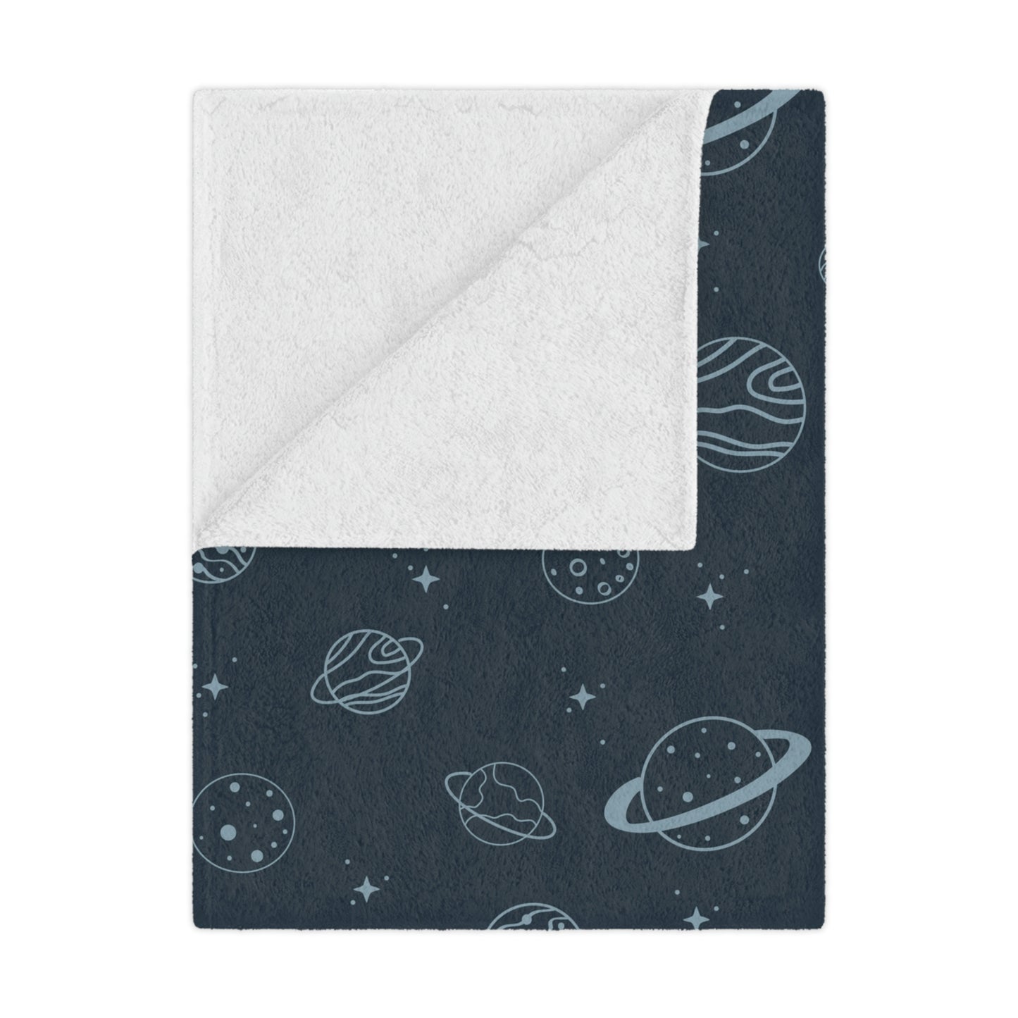planet theme blanket in a space theme nursery or childs playroom bed, blue space theme throw blanket on a bed in a planet inspired room