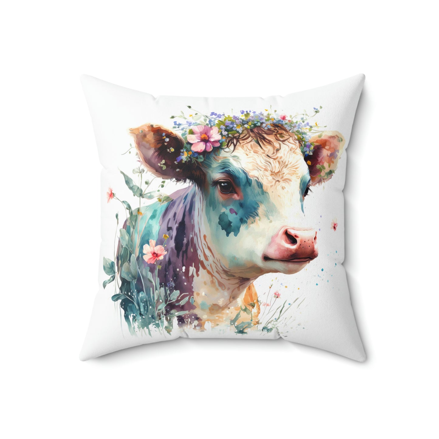 floral cow design accent pillow, cow accent throw pillow for your home decor, decorate your living room couch with a cow pattern throw pillow 