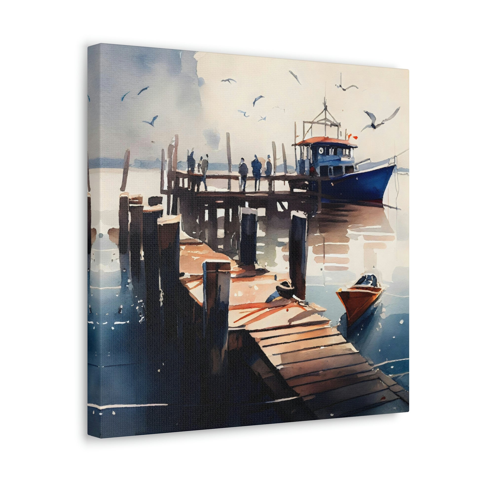 watercolor sailboat canvas in a nautical theme room, ocean inspired yacht canvas with flying seagulls in a coastal inspired room