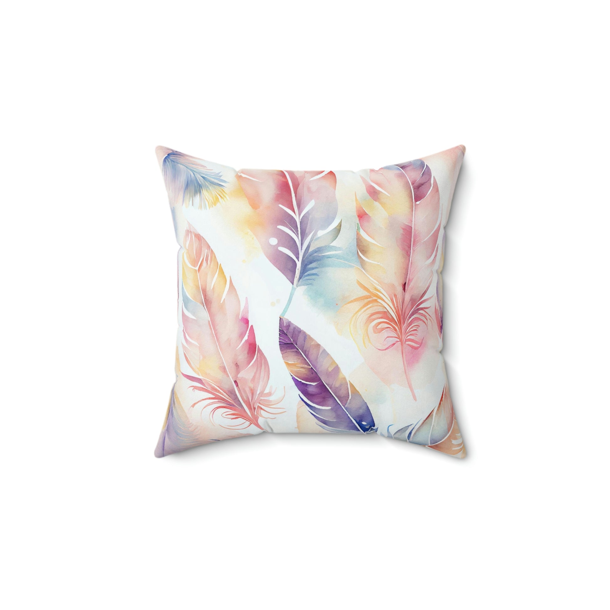 this is a feather pattern pillow sitting on a sofa, feather throw pillow on an arm chair, feather pillow for your home decor, style your space with a watercolor feather pillow