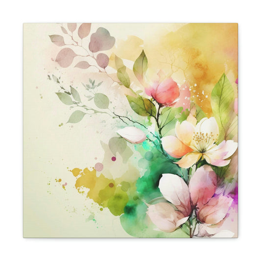 pink and yellow canvas art print, watercolor floral canvas wall decor