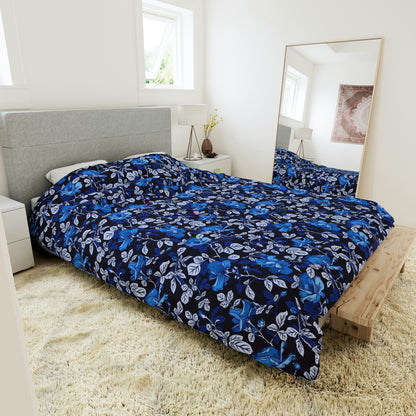 Bold Blue Floral Pattern Duvet Cover lying on a bed, microfiber floral duvet cover bedroom accent