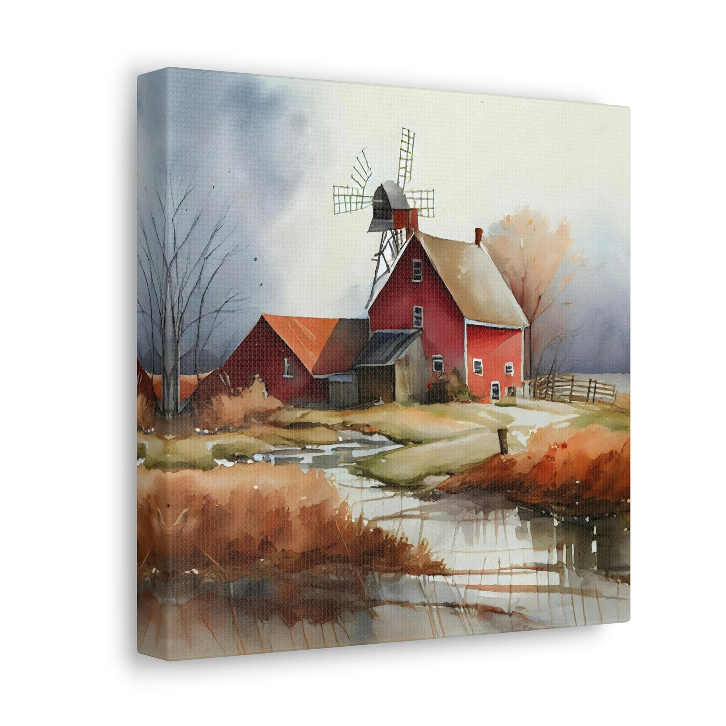 farmhouse home decor canvas art in a studio, red barn canvas artwork in a living room decorating a wall, farm theme canvas print displayed in barn decor home