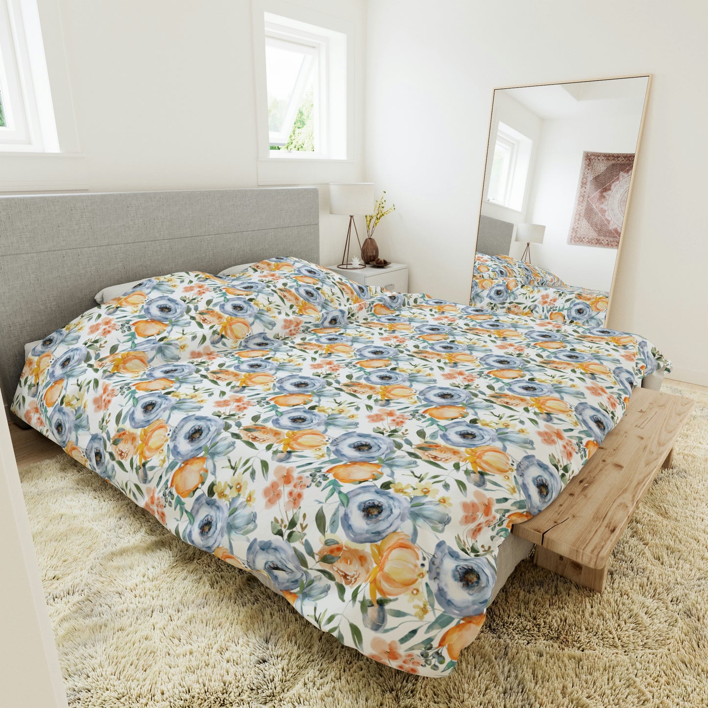 Mellow Apricot Pastel Blue Floral Pattern Duvet Cover lying on a bed, microfiber duvet cover bedroom accent