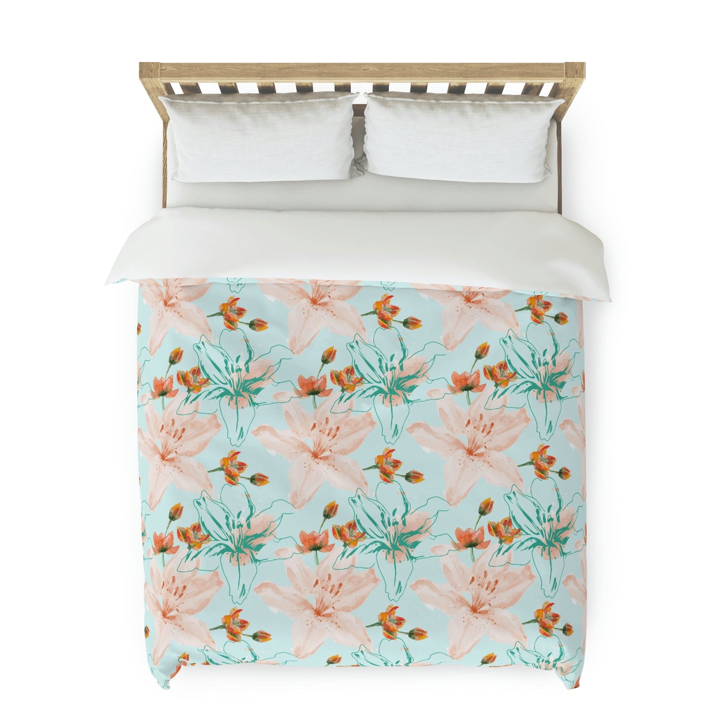 Pink and Blue Daffodils Floral Pattern Duvet lying on a bed, microfiber floral duvet cover bedroom accent