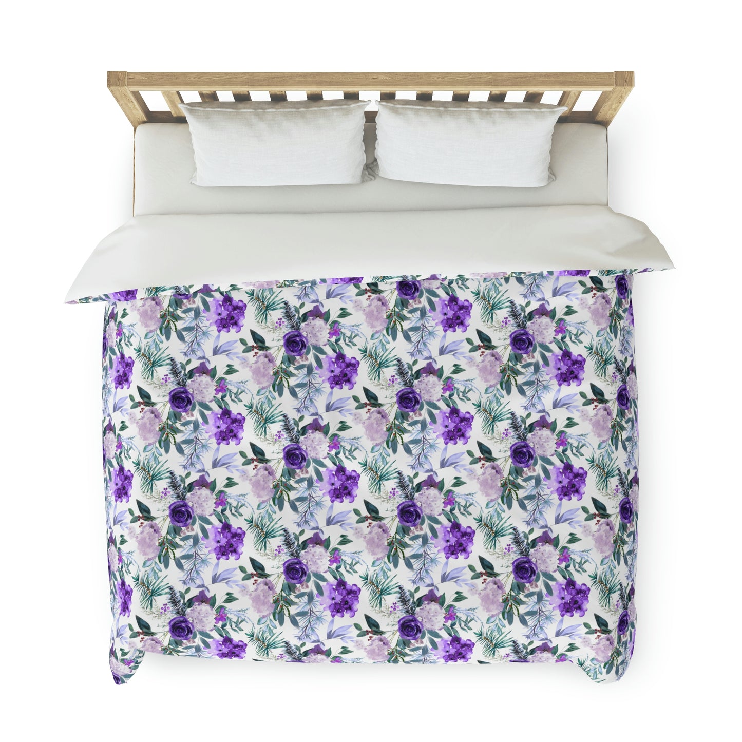 Watercolor Purple Floral Pattern Duvet lying on a bed, microfiber floral duvet cover bedroom accent