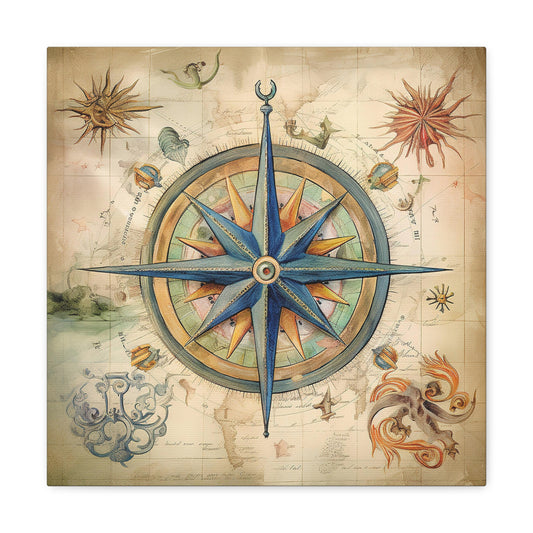 Old Sea Map Compass Canvas Art - Vintage Compass Canvas Print