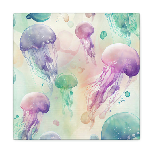 purple watercolor jellyfish canvas art, green jellyfish canvas wall art decor, jellyfish canvas watercolor design