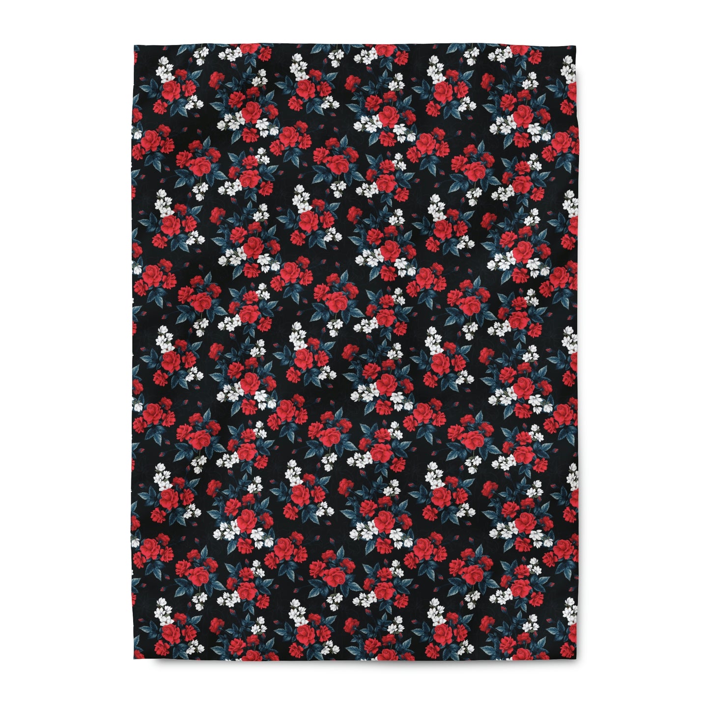 Black and Red Rose Floral Pattern Duvet Cover lying on a bed, microfiber duvet cover bedroom accent
