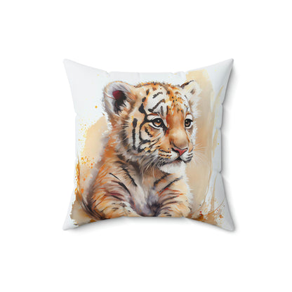yellow and orange tiger cub design on an accent throw pillow, tiger theme throw pillow on a couch that has a blue wall, decorate your room with an accent tiger pillow on a couch, chair or lounger