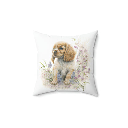 cocker spaniel puppy pillow sitting on a chair, cocker spaniel dog pillow on a couch, cocker spaniel accent throw pillow displayed on a living room couch