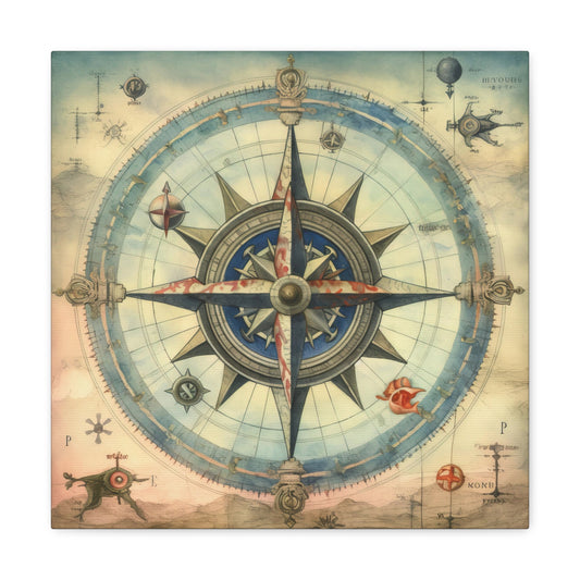 Vintage Sea Compass Canvas Art Print - Nautical Map Compass Canvas