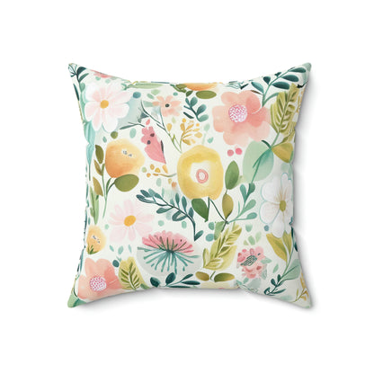 spring floral throw pillow on a couch, flower pattern accent throw pillow sitting on a living room couch, floral pattern pillow displayed on a lounger