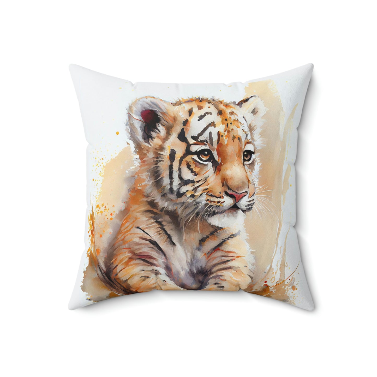 yellow and orange tiger cub design on an accent throw pillow, tiger theme throw pillow on a couch that has a blue wall, decorate your room with an accent tiger pillow on a couch, chair or lounger