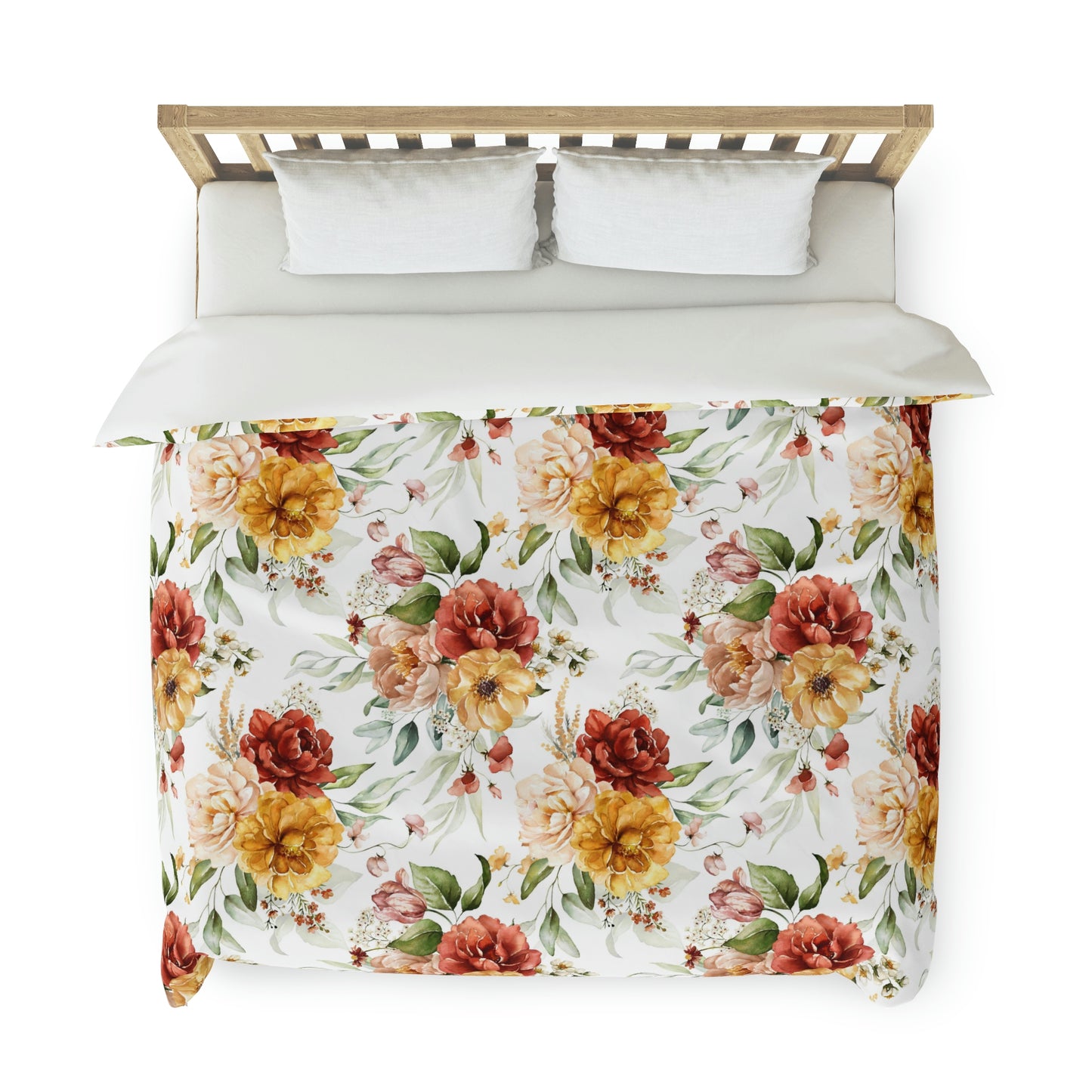 Yellow Orange Floral Pattern Duvet lying on a bed, microfiber floral duvet cover bedroom accent