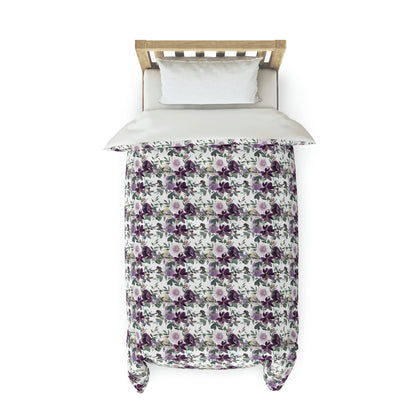 Watercolor Dark Purple Floral Pattern Duvet lying on a bed, microfiber floral duvet cover bedroom accent