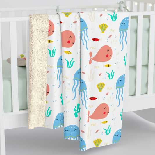 ocean animal sherpa blanket, whale sherpa blanket for nursery, ocean baby blanket
