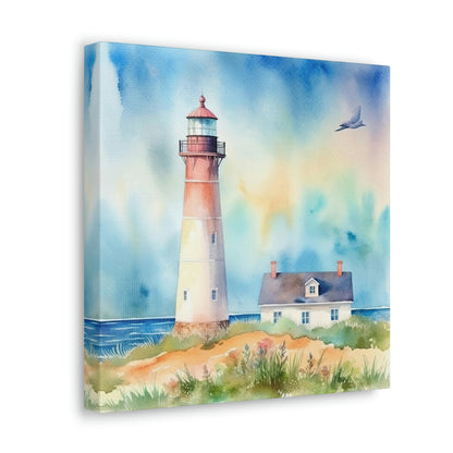 lighthouse with rainbow watercolor design on canvas, canvas with lighthouse by the sea, lighthouse decoration for nautical theme room