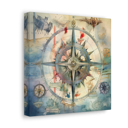 Ornate Compass Canvas Art - Vintage Blue Compass Canvas Wall Decor