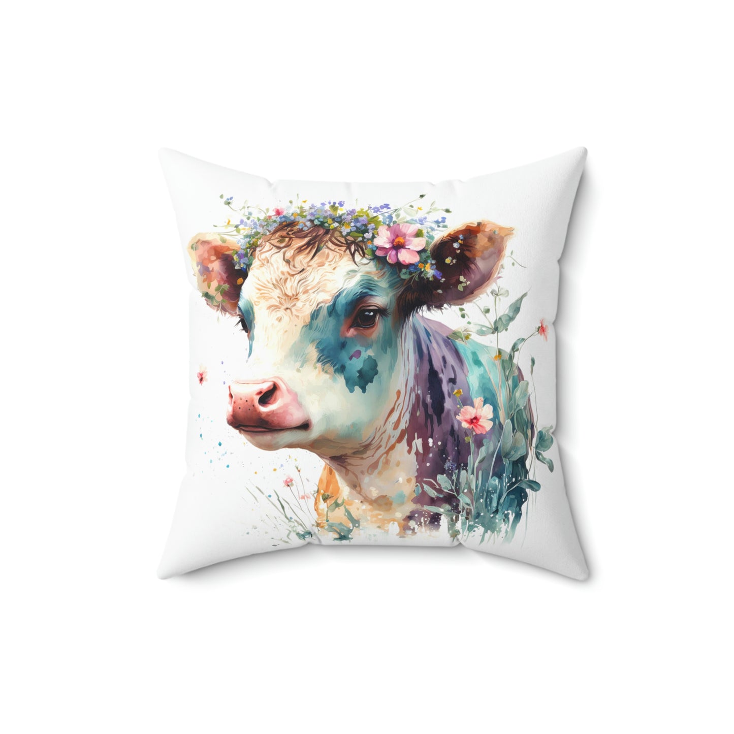 floral cow design accent pillow, cow accent throw pillow for your home decor, decorate your living room couch with a cow pattern throw pillow 