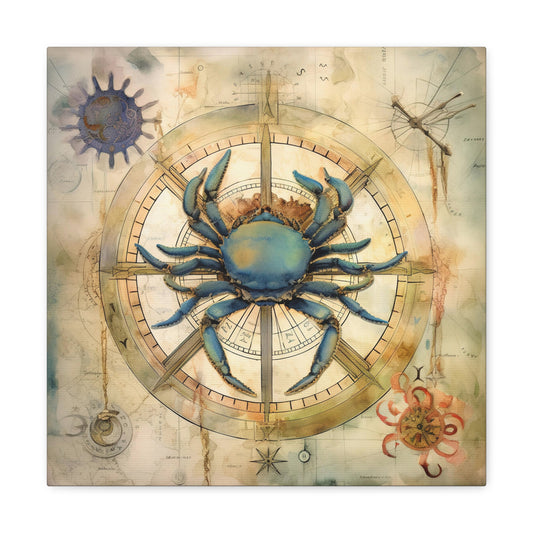 Crab Vintage Compass Canvas Decor - Blue Crab Compass Canvas Art