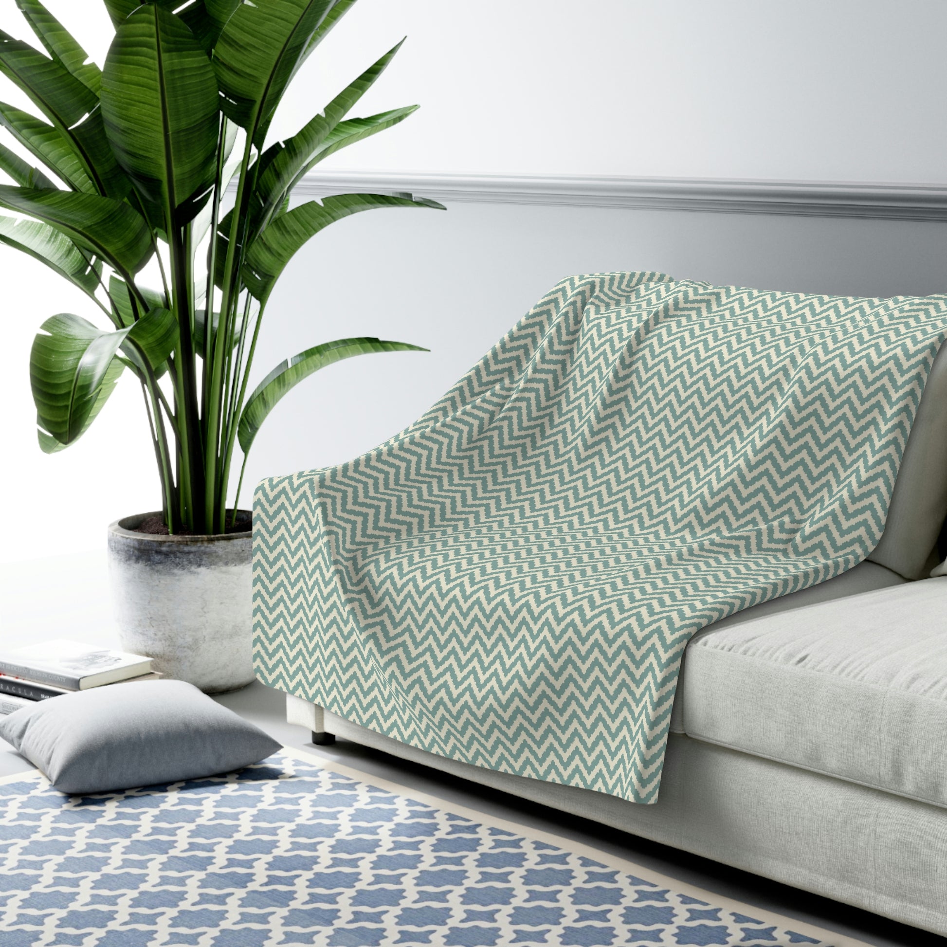 green wavy pattern sherpa blanket, teal sherpa blanket with retro design