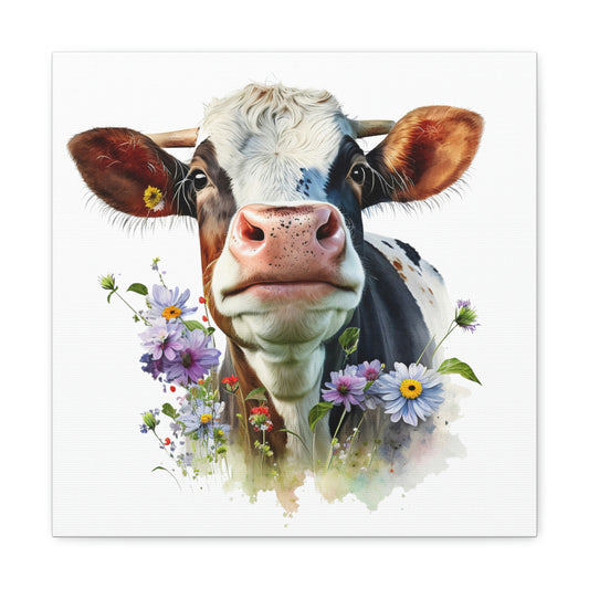 brown cow with floral accent on canvas, cow canvas wall art, brown cow with flowers on canvas, rustic farm animal on canvas 