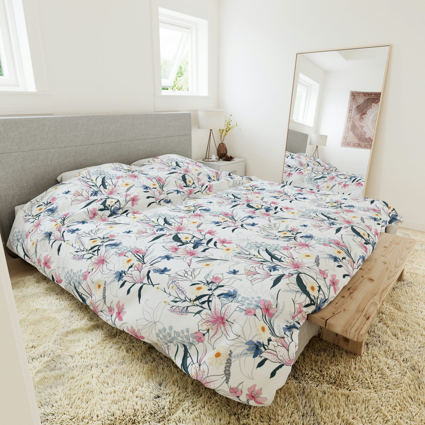Pink & Yellow Floral Pattern Duvet lying on a bed, microfiber floral duvet cover bedroom accent
