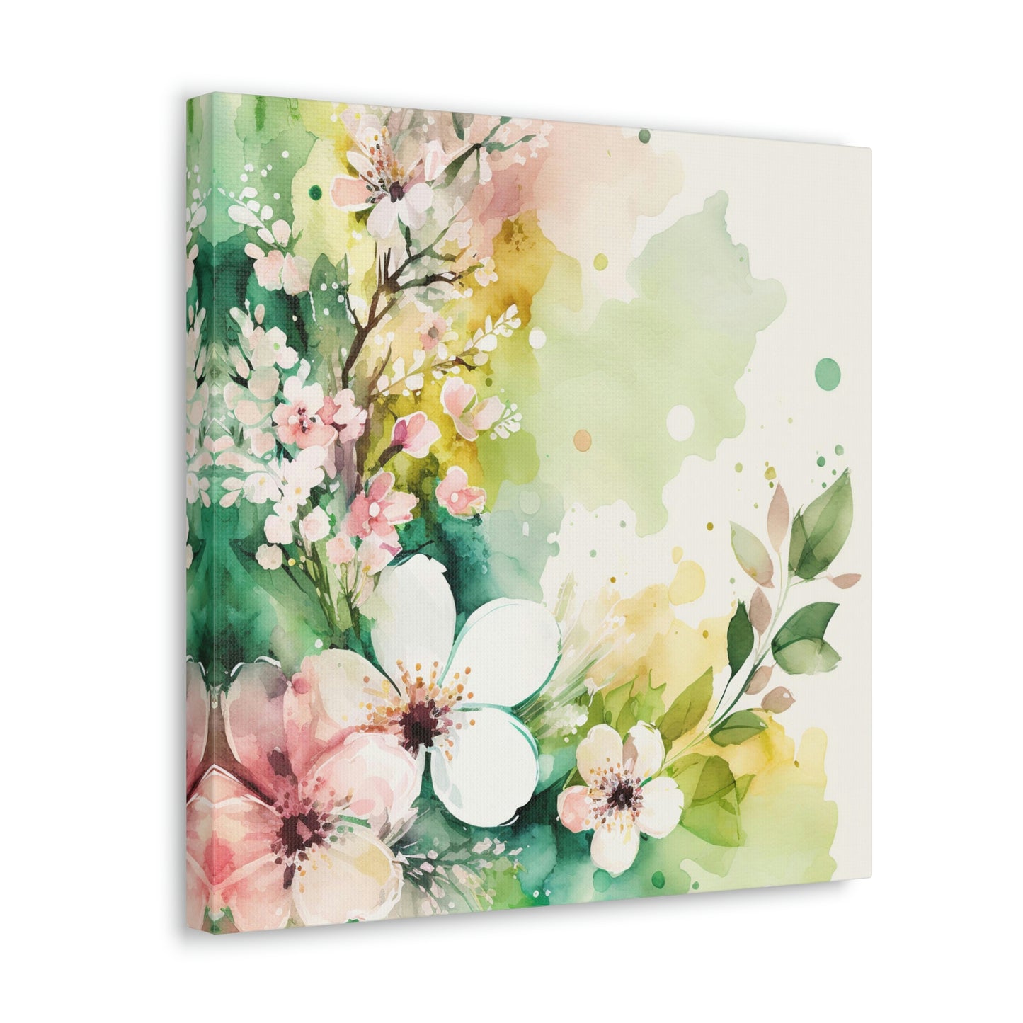 green and pink floral canvas wall art print, watercolor floral wall decor