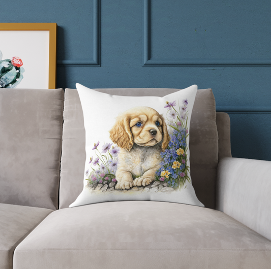 cocker spaniel puppy pillow sitting on a chair, cocker spaniel dog pillow on a couch, cocker spaniel accent throw pillow displayed on a living room couch