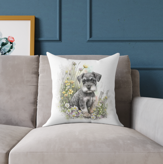 schnauzer accent throw pillow on a chair, schnauzer puppy pillow on a couch, square miniature schnauzer throw pillow on a sofa, mini schnauzer dog pillow on a lounger