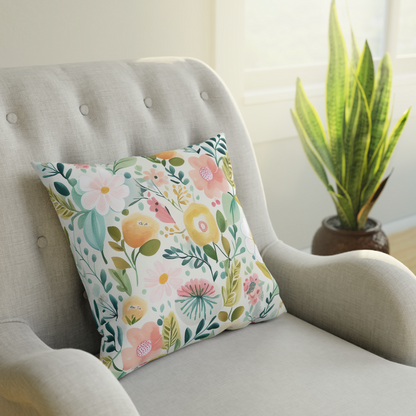spring floral throw pillow on a couch, flower pattern accent throw pillow sitting on a living room couch, floral pattern pillow displayed on a lounger