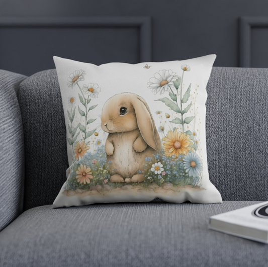 floral bunny pattern accent throw pillow sitting on a couch or chair, decorate your house for spring with our bunny throw pillows, square rabbit design couch pillow