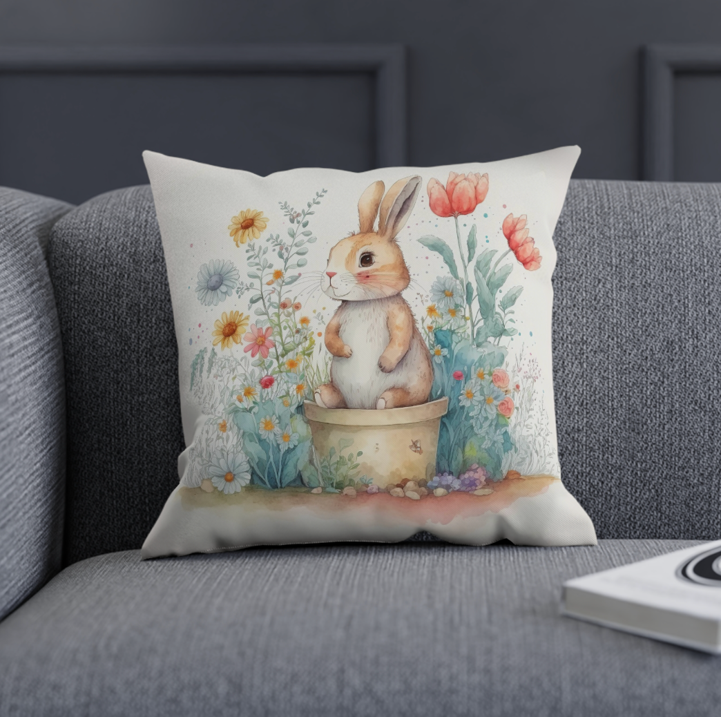 bunny accent throw pillow sitting on a couch, living room arm chair with a floral bunny pattern throw pillow, bunny pillow for your spring room decor