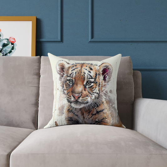 accent pillow with a watercolor tiger cub design on it, tiger cub throw pillow on a couch or chair, wild animal tiger living room decor