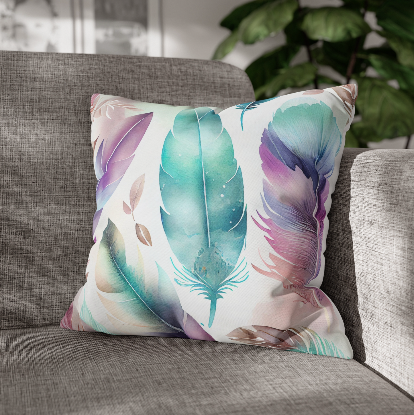 multicolor feather throw pillow, feather pattern accent throw pillow, feather design pillow sitting on a sofa or arm chair, feather pillow for your living room home decor