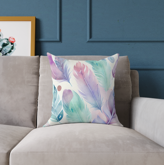 feather throw pillow sitting on a living room couch, feather pattern throw pillow, watercolor feather pillow for your room decor, spruce up your home decor with a feather design couch pillow