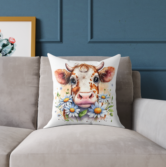 cow theme throw pillow sitting on a sofa, cow accent throw pillow decoration, cow theme room decor pillow for couch, cow lover gift pillow