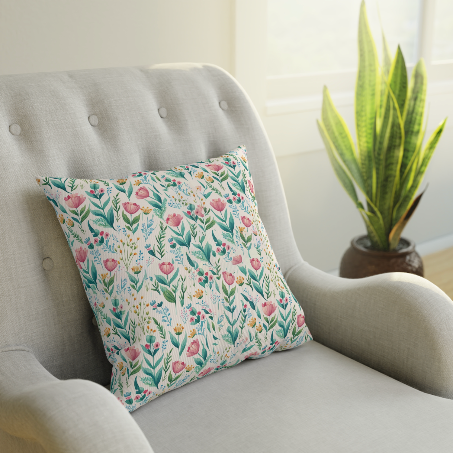 pink and green floral pattern throw pillow displayed on a lounger, pink floral print accent pillow sitting on a couch, pink and green print throw pillow on a sofa