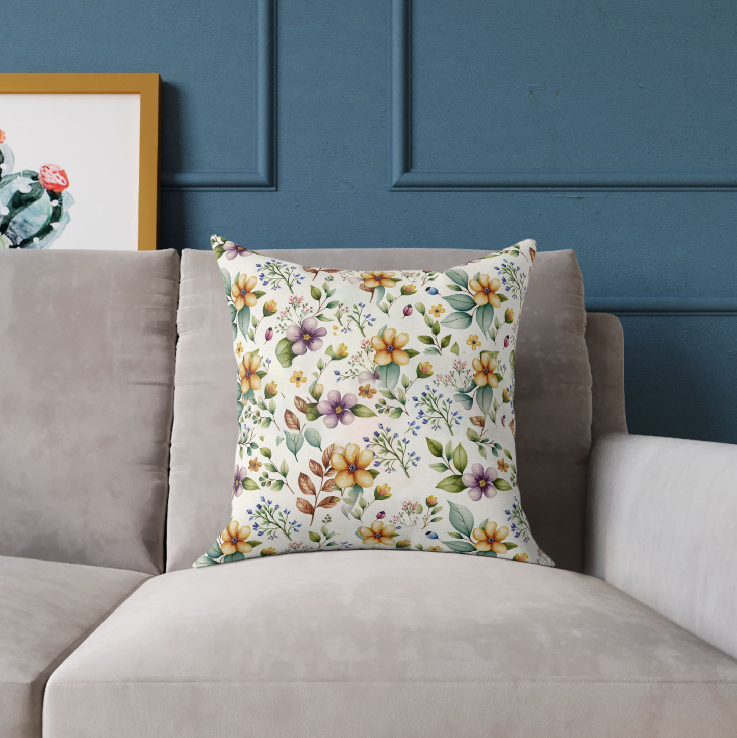 purple and yellow flower pattern on an accent throw pillow sitting on a living room couch, purple flower pillow on a chair, yellow flower print on a throw pillow